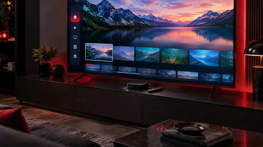 4K television with a streaming box for an IPTV home entertainment setup