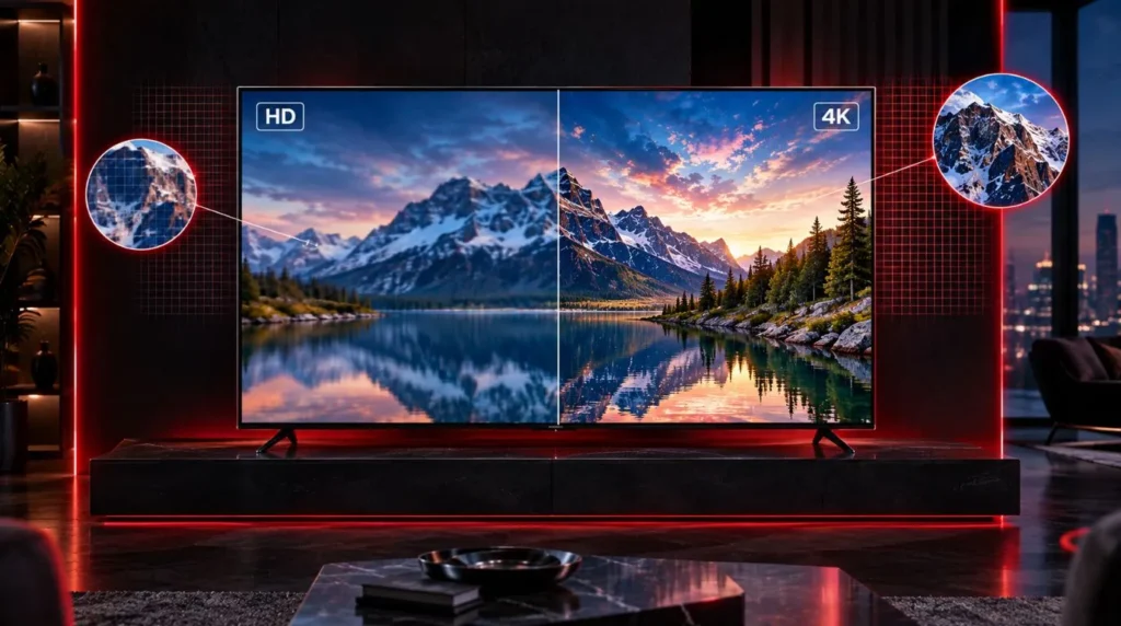 Visual comparison of HD and 4K IPTV picture detail on a television
