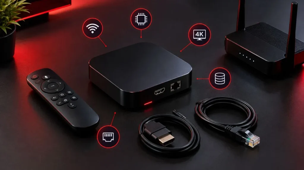 Android TV box with Ethernet, HDMI cable, remote and networking hardware for IPTV