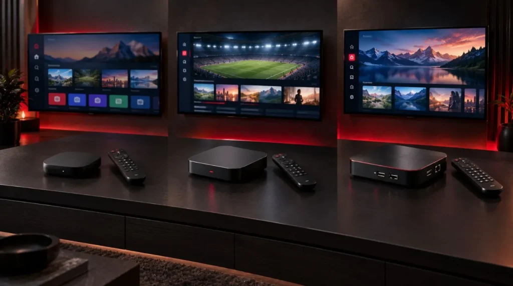 Different Android TV boxes for IPTV compared by size and connectivity