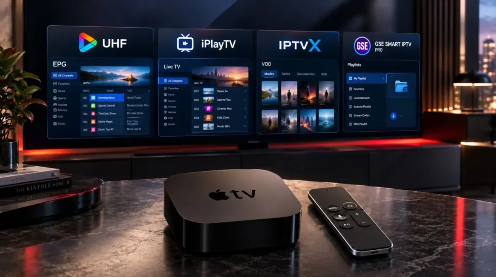 Apple TV and Siri Remote beside a comparison of IPTV player apps for Apple TV