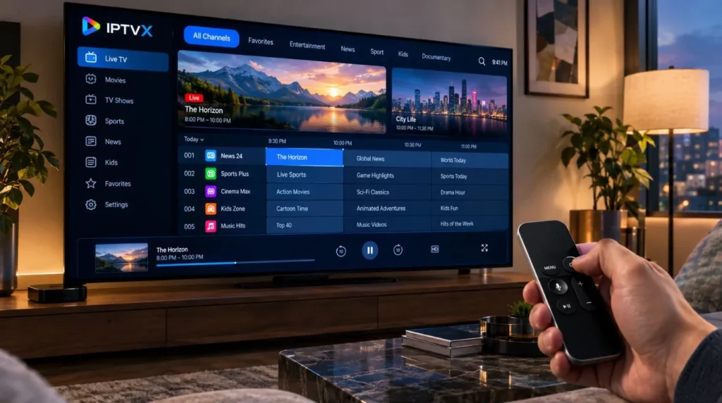 Apple TV IPTV player showing an electronic program guide controlled with a Siri Remote