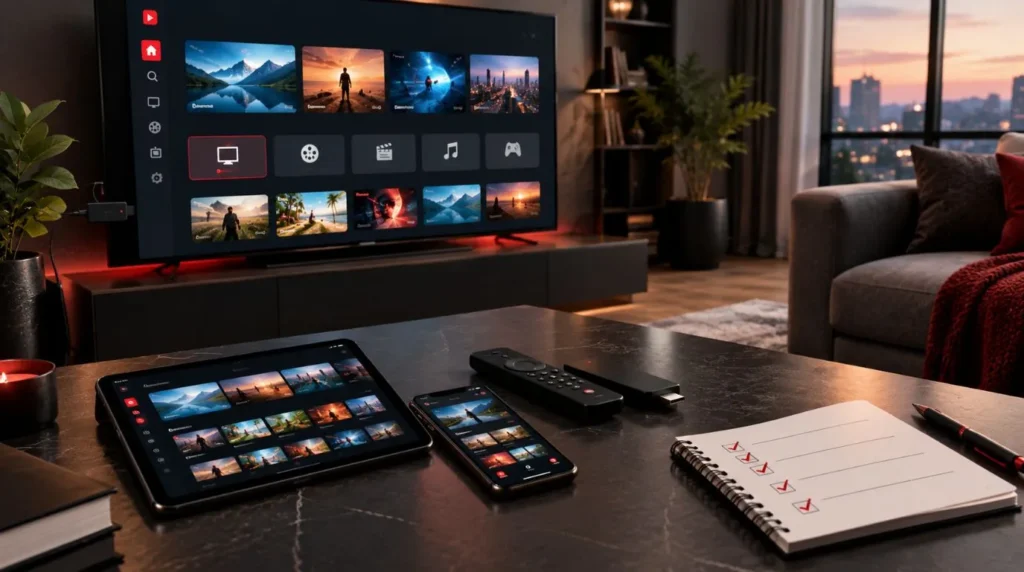 Devices and streaming setup used to compare an affordable IPTV service