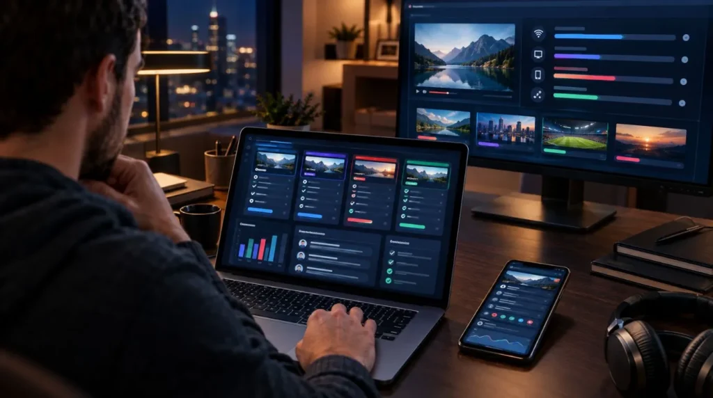 Person comparing IPTV provider reviews across a laptop, smartphone, and monitor