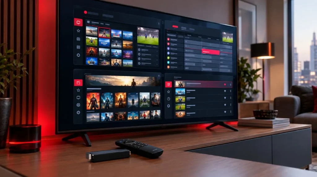 Comparison of IPTV app interfaces for Firestick showing live TV, program guide and VOD layouts
