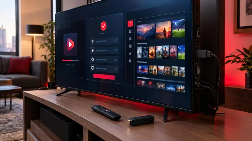 Firestick connected to a TV with a generic IPTV app setup interface on screen
