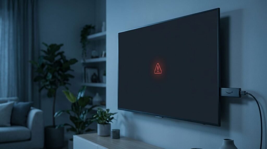 Amazon Firestick connected to a TV showing a streaming app error screen in a dark living room