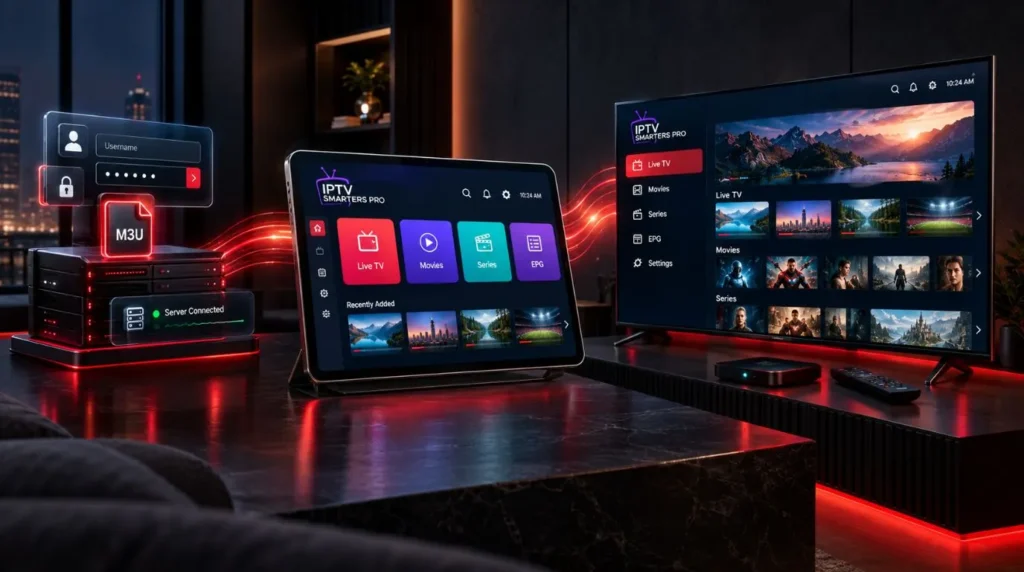 IPTV Smarters Pro player connecting an IPTV playlist to a smart TV