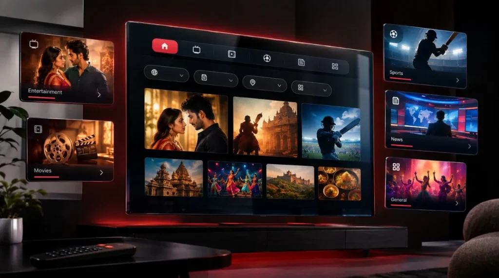 Indian IPTV channel lineup organized by entertainment, movies, sports, and news