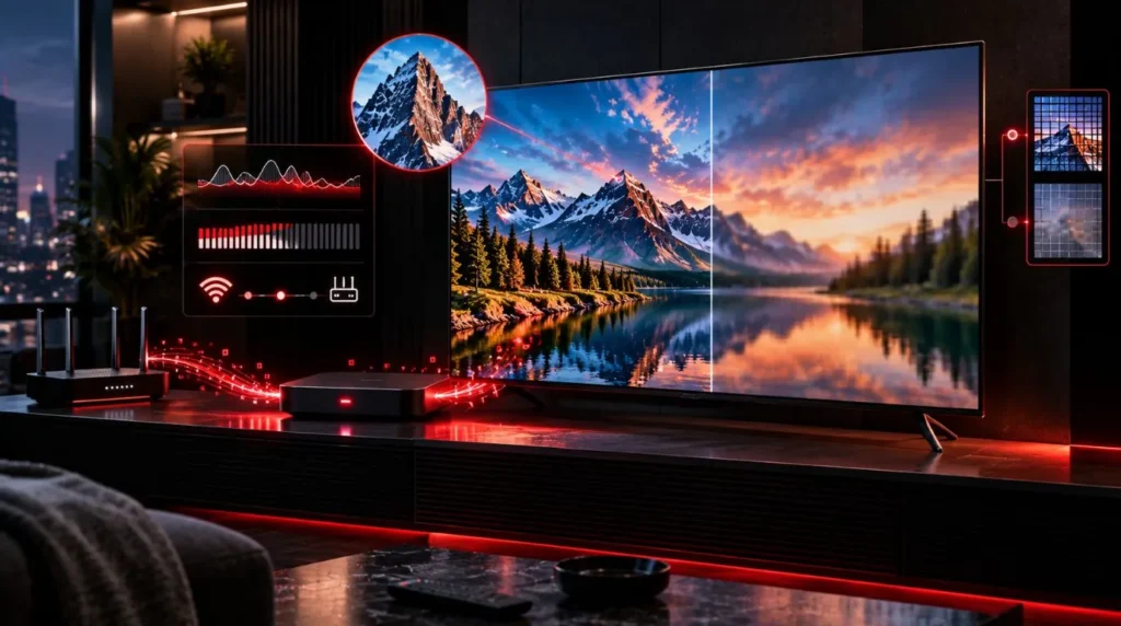 IPTV 4K picture quality and streaming diagnostics on a television