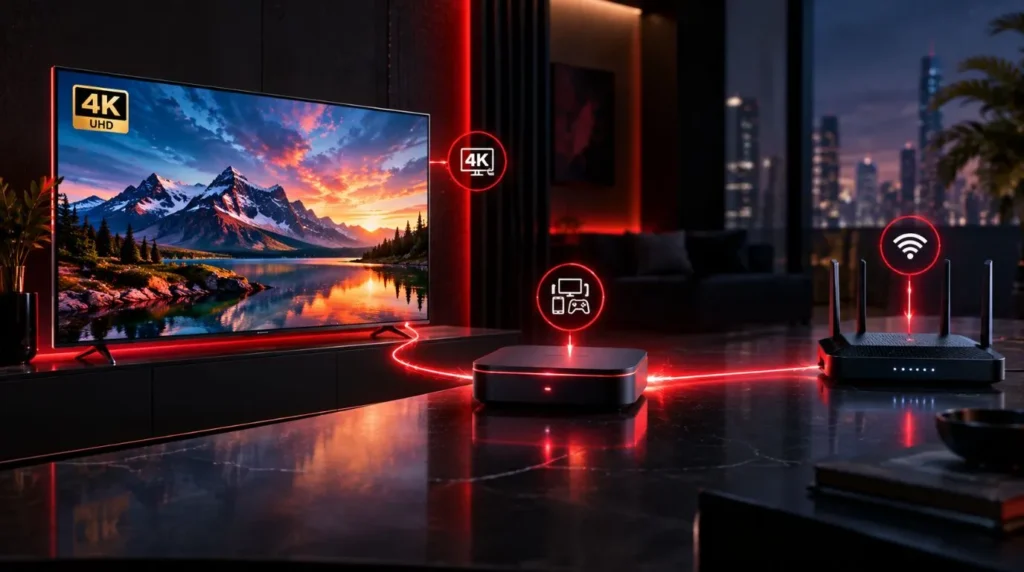 4K IPTV setup showing a television, streaming device, and network connection