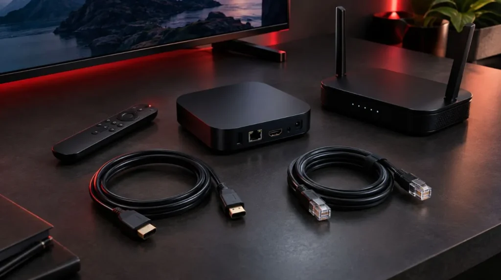 IPTV box with remote, HDMI cable and Ethernet cable for choosing a streaming setup