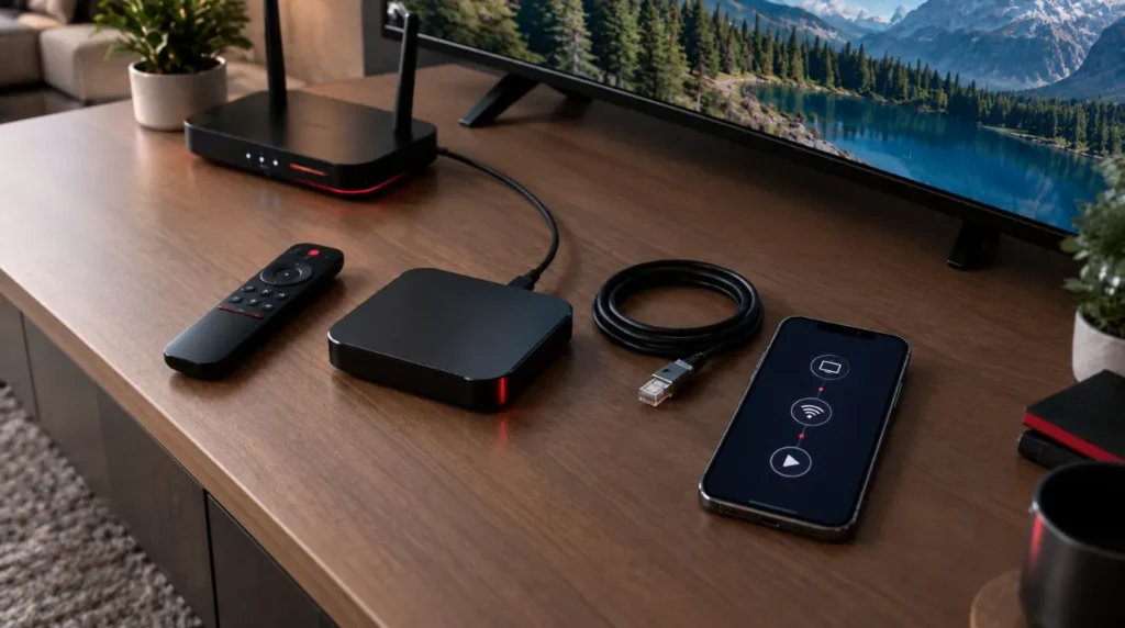 IPTV buffering diagnostic setup with a streaming device, router, remote, and smartphone