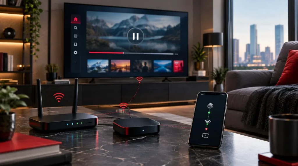 IPTV buffering troubleshooting with a smart TV, streaming device, and Wi-Fi router