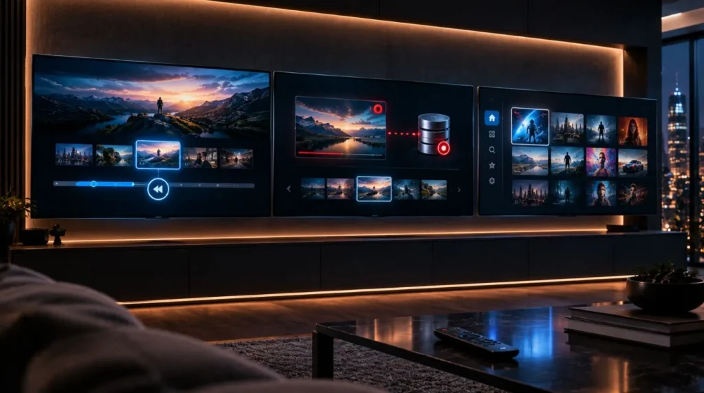 Visual comparison of catch-up IPTV, DVR recording, and on-demand viewing