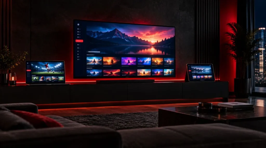 Multiple screens representing concurrent IPTV streaming capacity