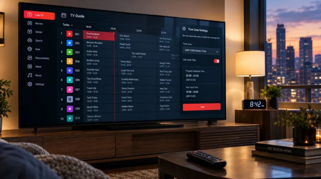 IPTV EPG schedule displayed with time-zone settings on a Smart TV