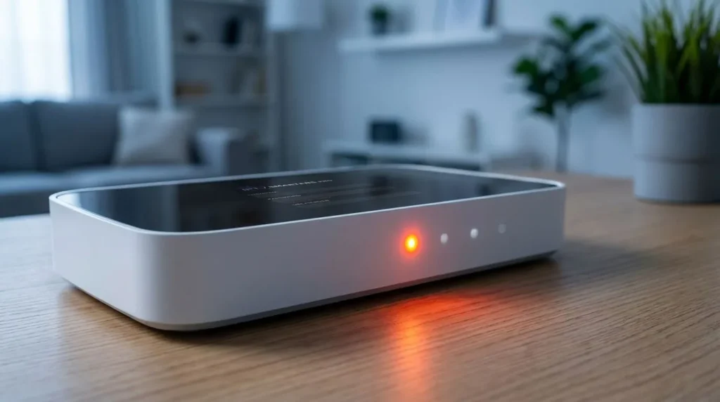 Home Wi-Fi router with a warning indicator light suggesting a blocked or restricted network connection