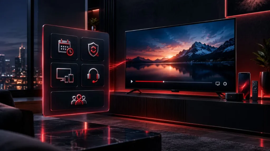Premium digital subscription evaluation scene showing IPTV plan terms, device compatibility, support, and refund considerations.