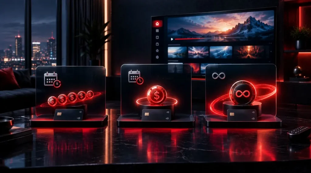 3D comparison of lifetime, yearly, and monthly IPTV subscription payment models.