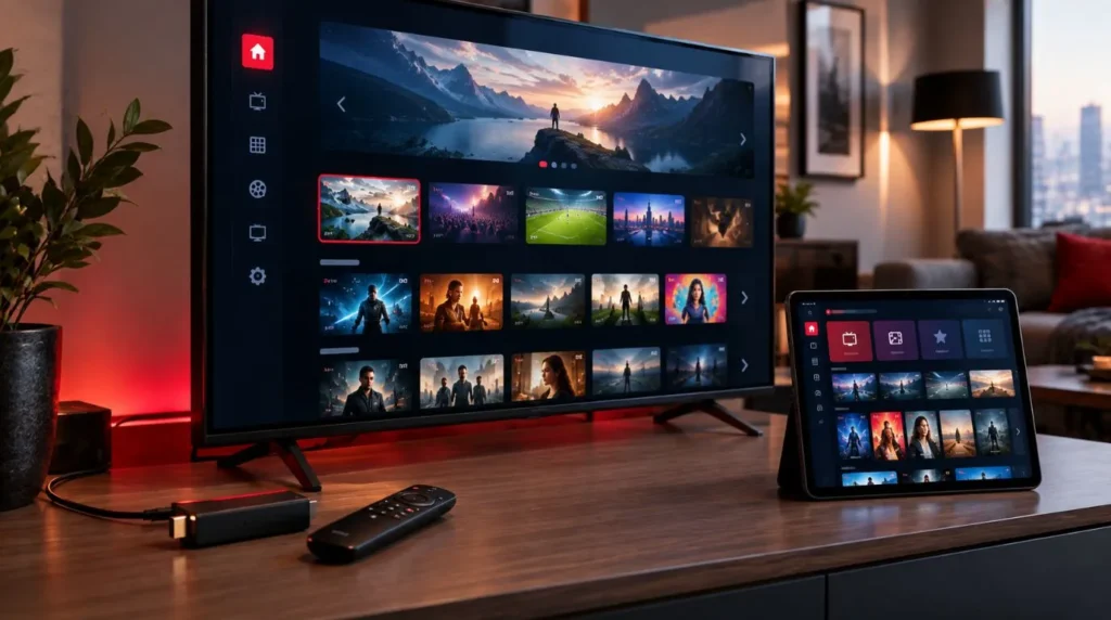 Firestick IPTV setup showing a streaming device, IPTV player interface and content service across connected devices