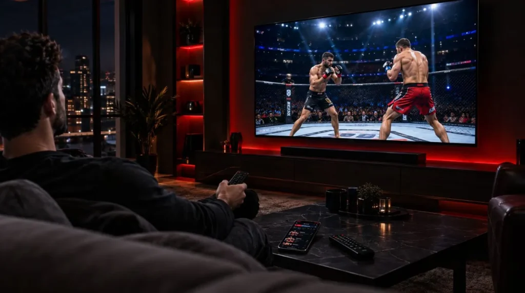 Viewer watching a live combat sports event on an IPTV-connected television