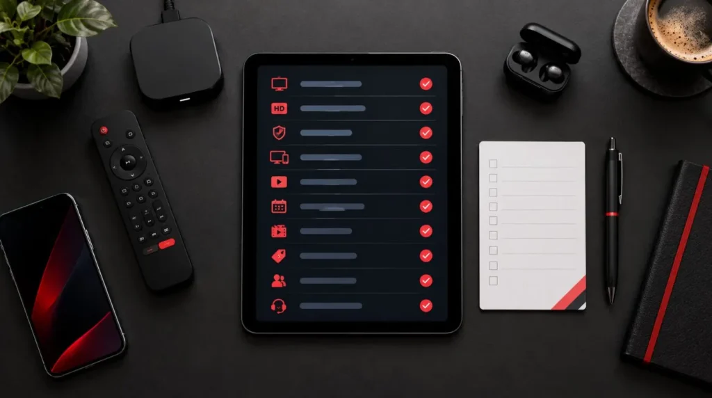 IPTV review checklist with streaming, device, channel, and pricing criteria