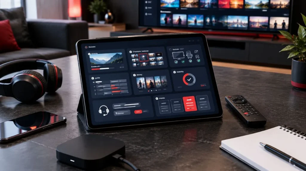 Tablet showing IPTV service comparison criteria for streaming quality and device compatibility