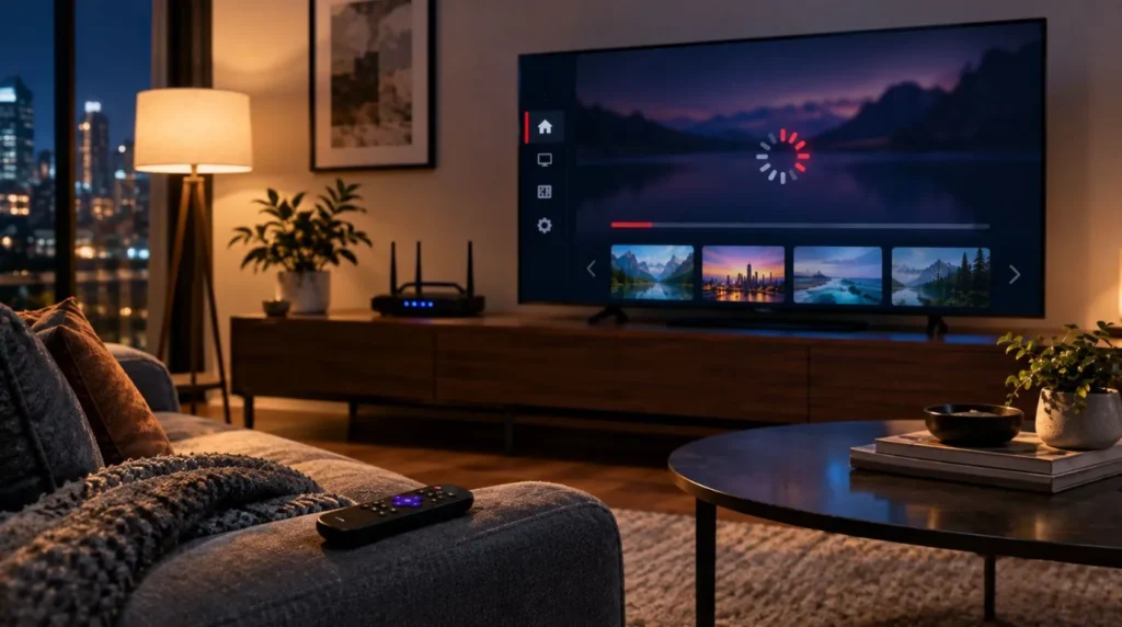 Roku IPTV troubleshooting scene showing a television with a temporary playback issue