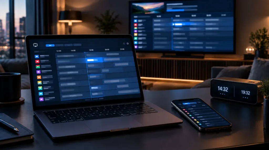 IPTV schedule interface illustrating program times and time zone settings