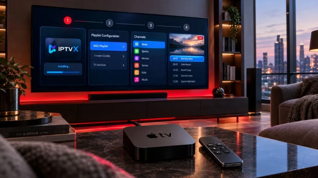 Apple TV IPTV player setup screen showing playlist configuration and live TV