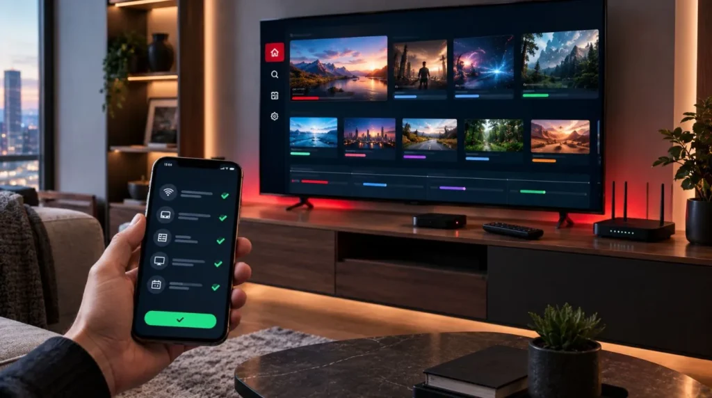 IPTV setup checklist with a streaming device, TV, and remote control