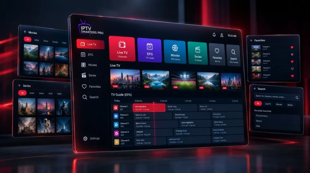 IPTV Smarters Pro features including Live TV, EPG, movies and series