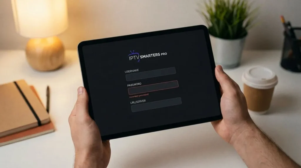 Person re-entering IPTV login credentials on a tablet to fix a failed authorization error