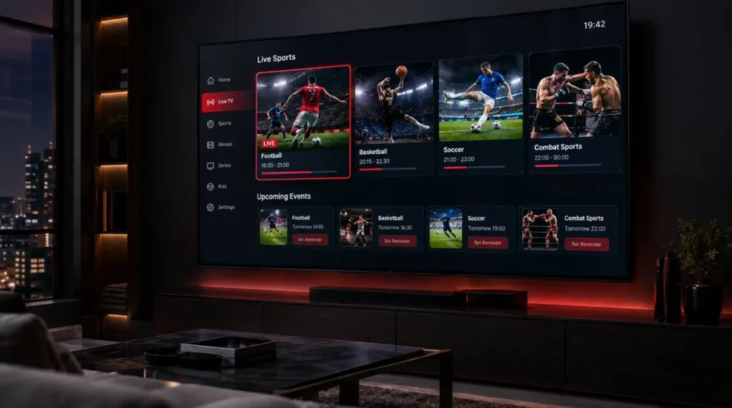 IPTV sports EPG displaying scheduled live football, basketball and other sporting events