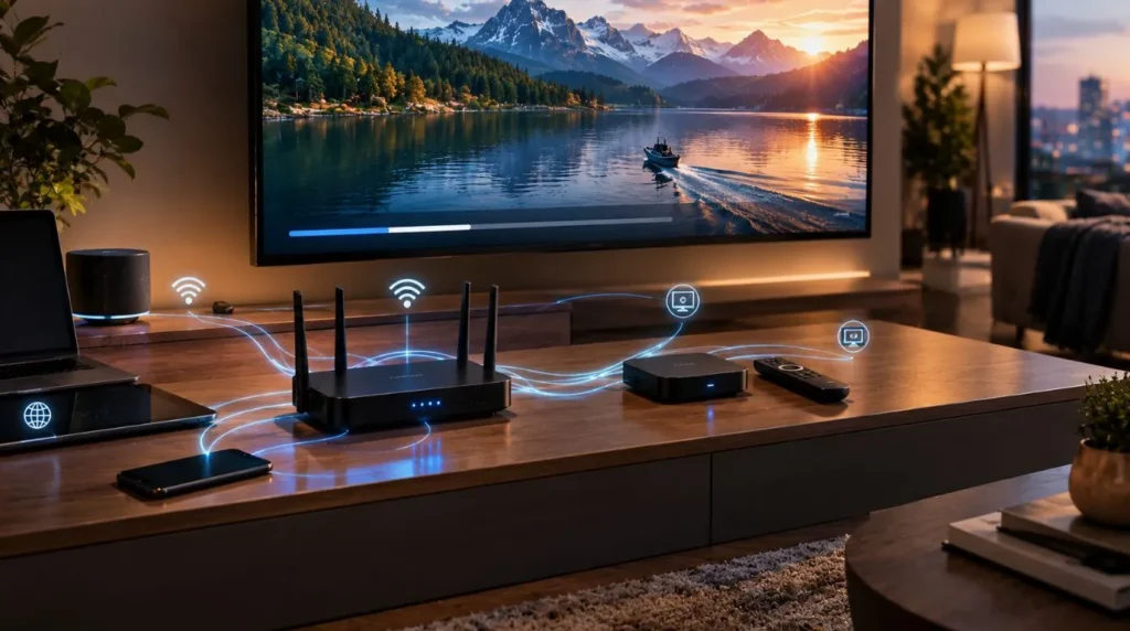 Home network setup showing a router and streaming device affecting IPTV streaming quality