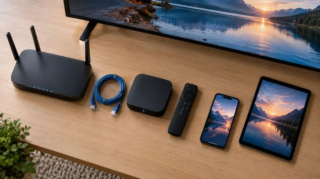 IPTV streaming equipment including a router, streaming device, remote, and Ethernet cable