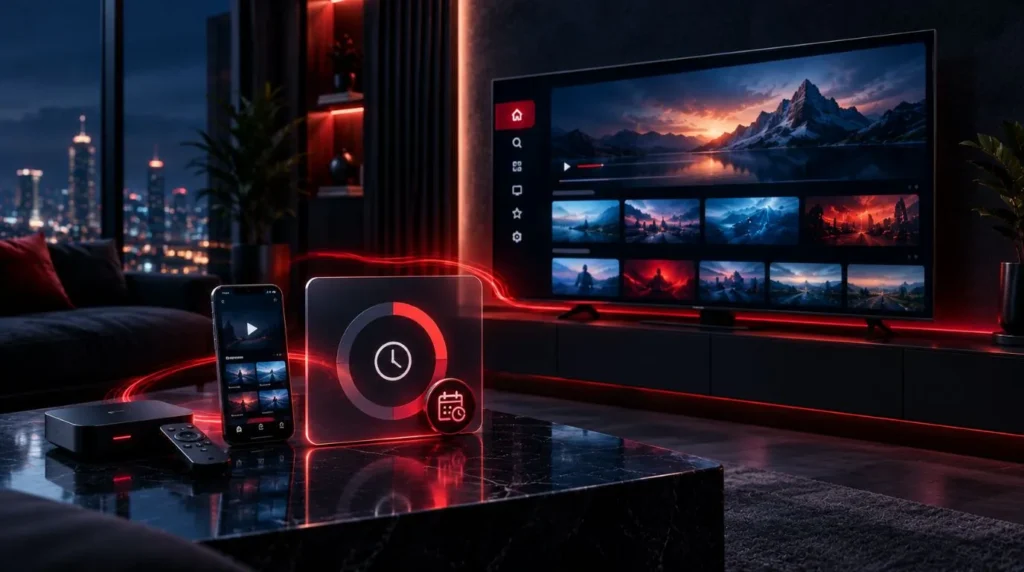 Smart TV and streaming devices illustrating an IPTV trial before choosing a long-term subscription.