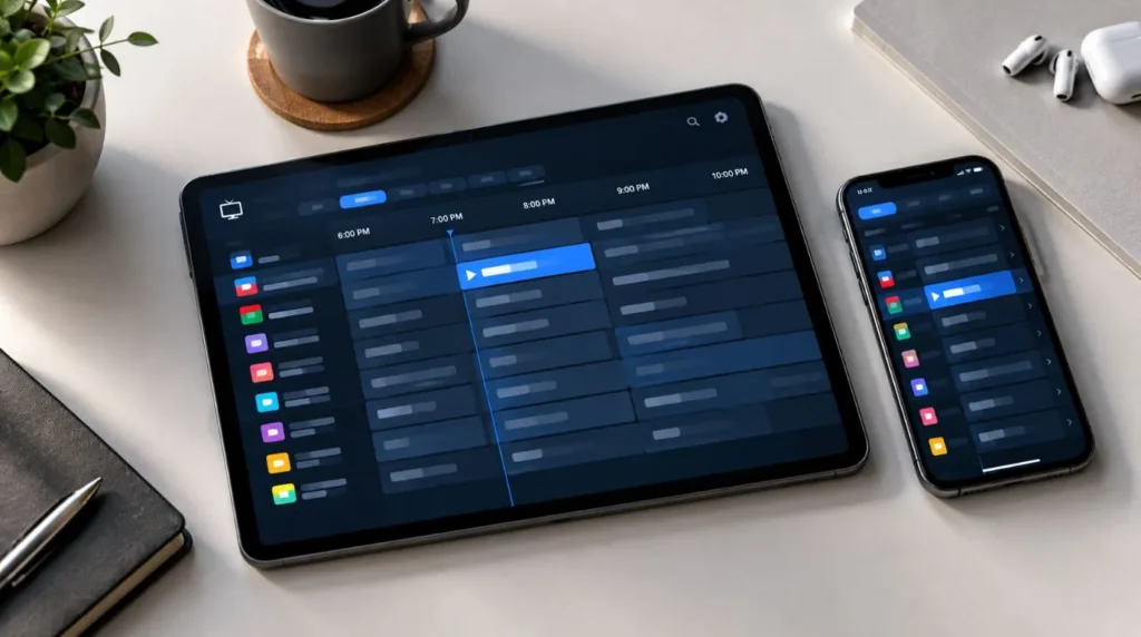 IPTV TV schedule showing current and upcoming programs on a tablet
