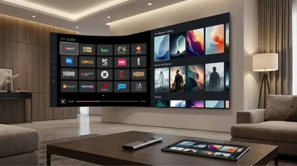 Smart TV showing live television and on-demand streaming experiences in an IPTV vs OTT comparison