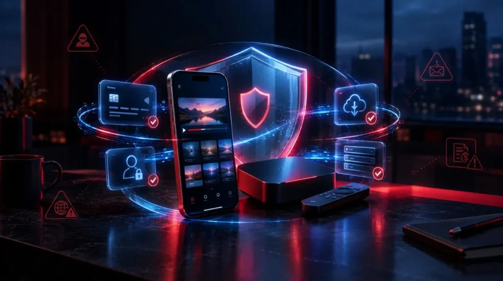 IPTV streaming devices protected by digital security, privacy, and safe apayment indicators