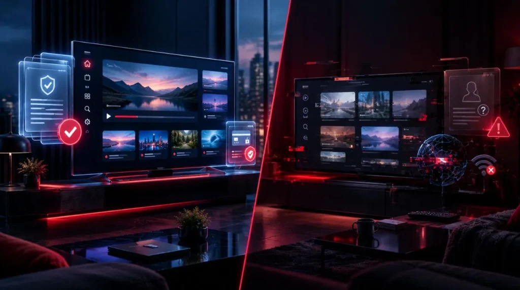 3D comparison showing an authorized IPTV service with licensing indicators beside a questionable streaming saervice