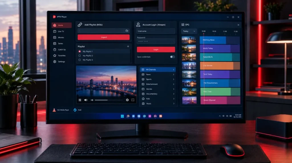 Windows IPTV player showing M3U, Xtream-style login and EPG options