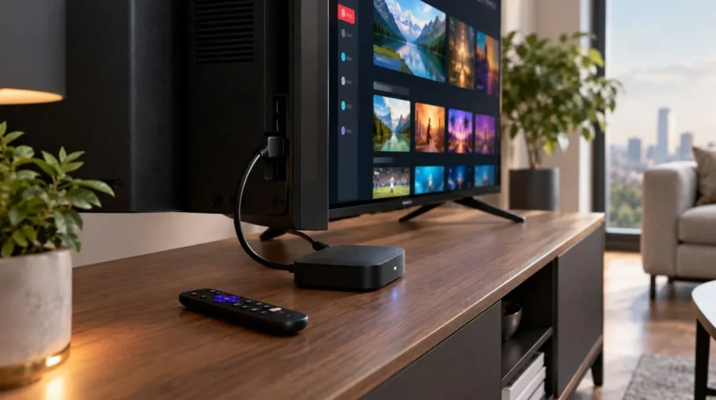 Streaming device connected to a television for an IPTV Roku setup