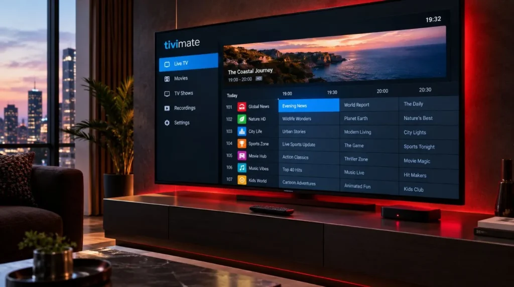 TiviMate EPG displaying an organized IPTV program guide on a television