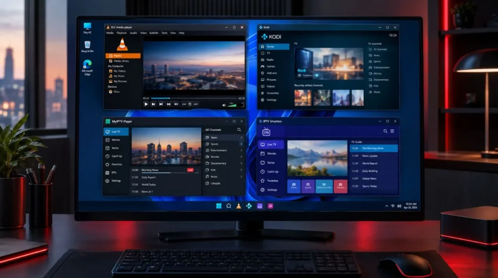Windows IPTV player comparison showing VLC, Kodi and IPTV interfaces
