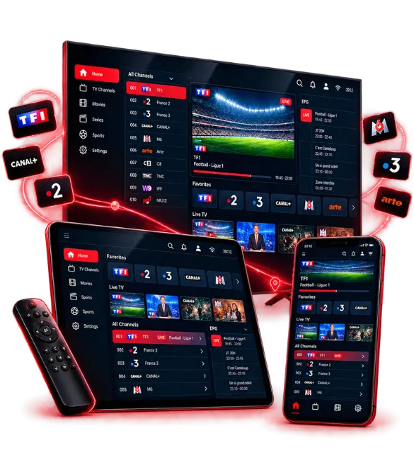 ViviMate IPTV streaming on multiple devices including TV and smartphone