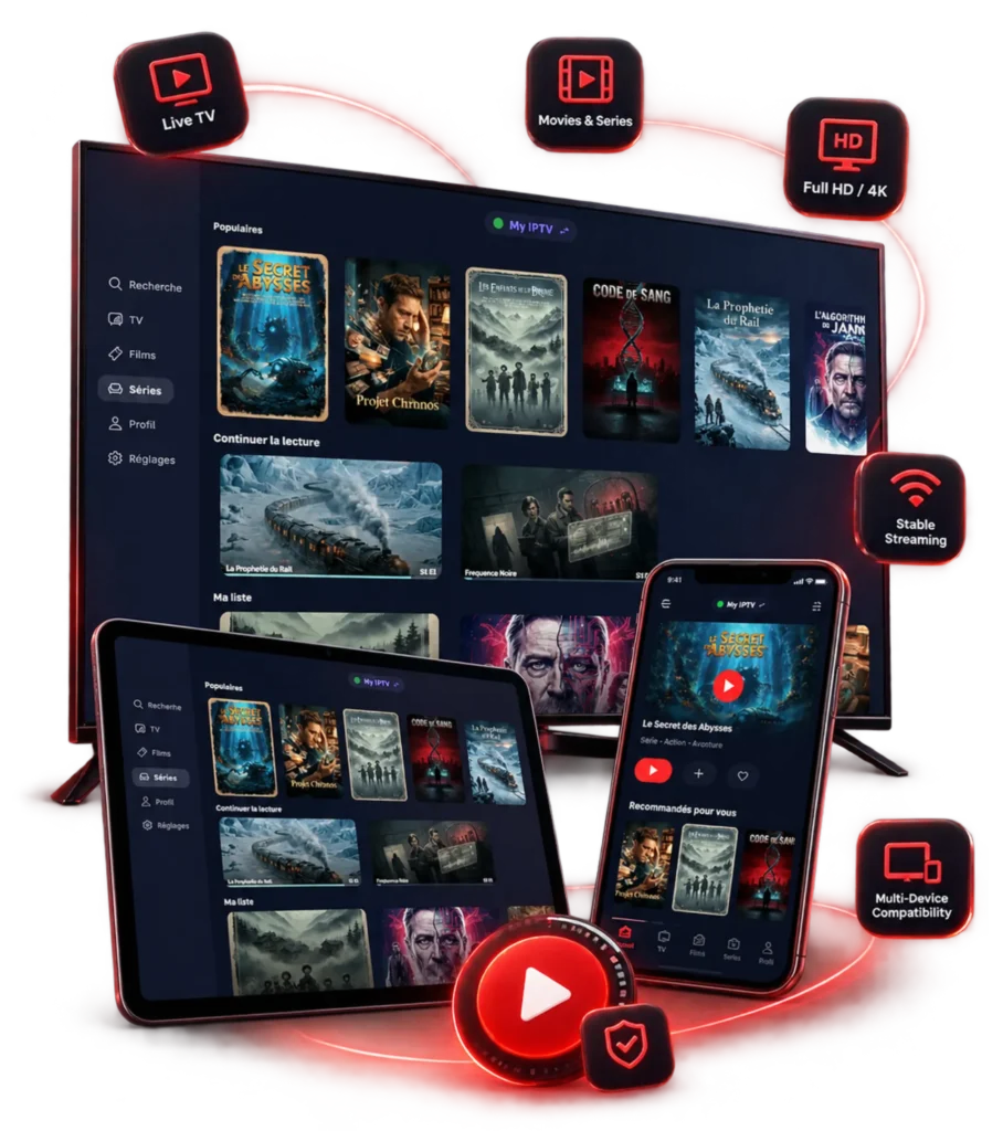 ViviMate IPTV app shown on multiple devices
