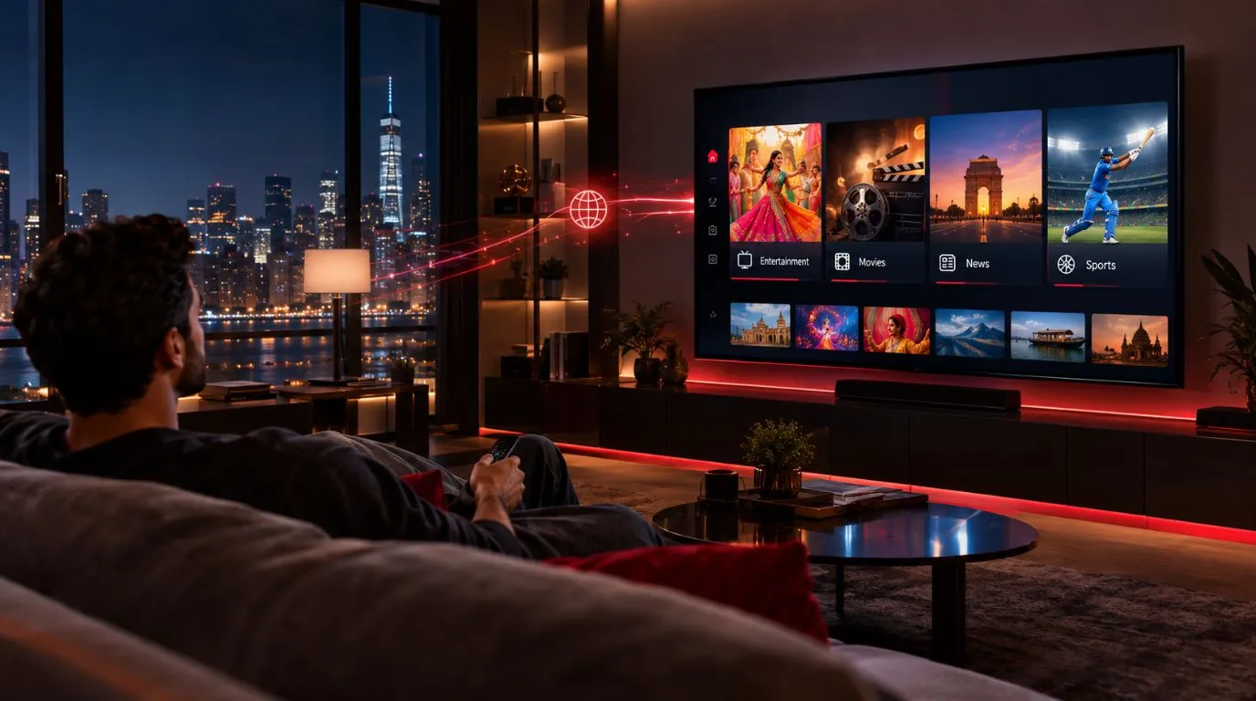 Indian IPTV streaming on a modern smart TV in a US home
