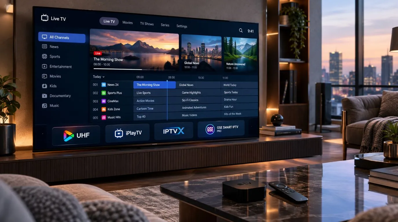 Apple TV displaying a premium IPTV app interface with live channels and an electronic program guide